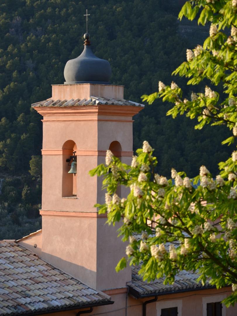 Bell tower of the Convent of the Barnabite Fathers with dark dome and bell, surrounded by greenery