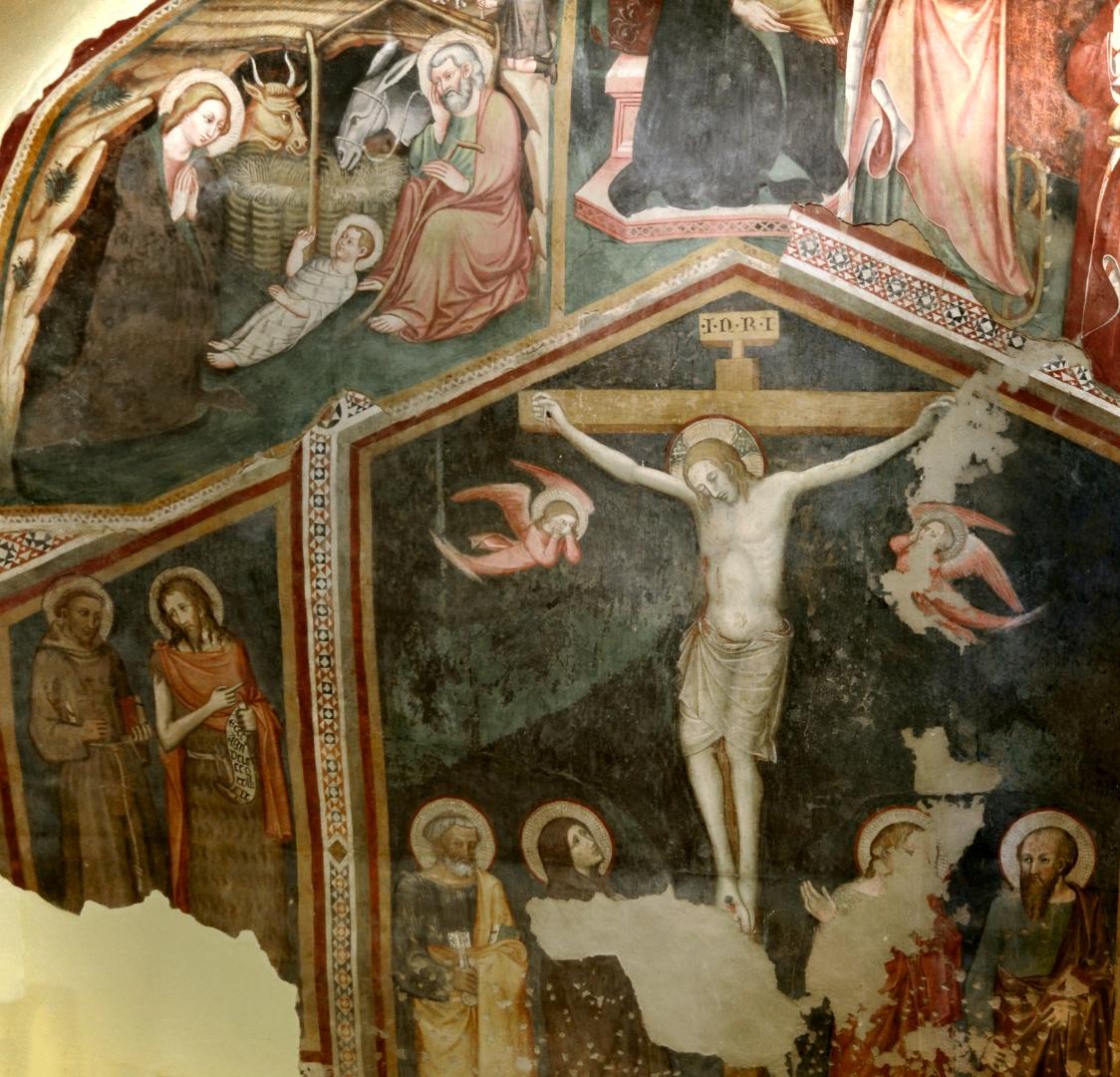 Medieval fresco with Nativity and Crucifixion scenes, with saints and angels depicted in overlapping panels