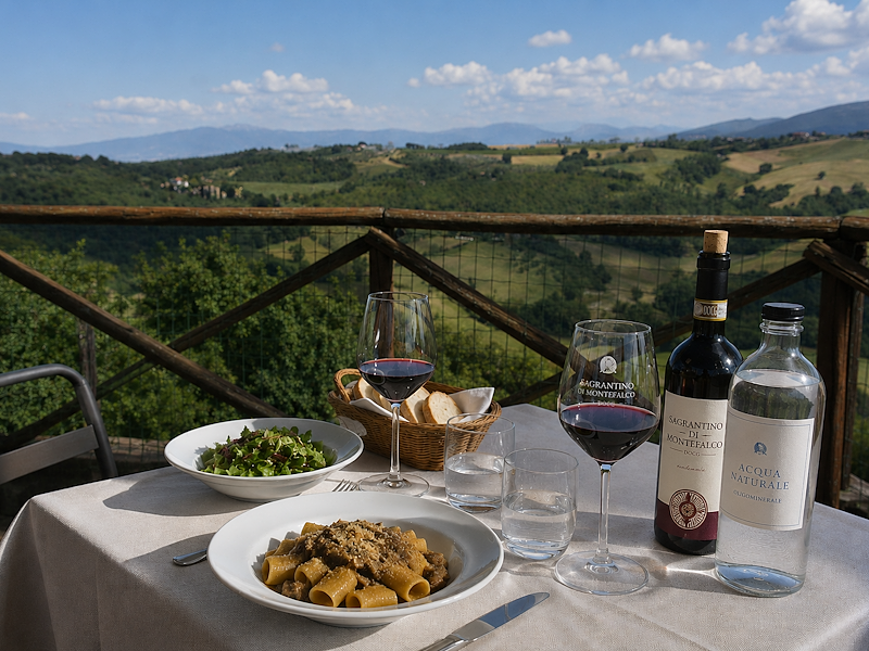 Restaurant table set on a panoramic terrace with Umbrian dishes, glasses of Sagrantino wine and a view over the Umbrian hills.