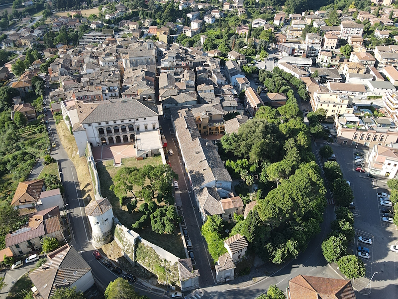 Aerial view of the historic centre of Acquasparta with Cesi Palace, the walls and gardens.