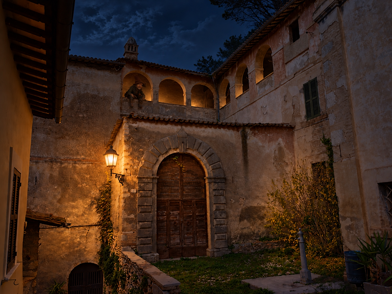 Cortile storico di Cesi in notturna, con il Mazzamurello affacciato dalla loggia al secondo piano.