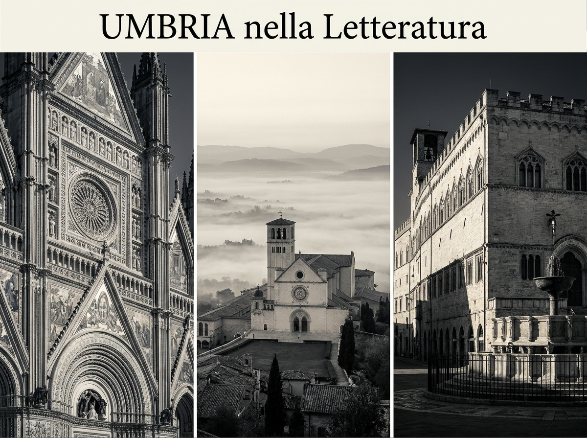 Illustrazione vintage dell’Umbria letteraria con borgo, basilica, acquedotto, libri antichi e manoscritto.