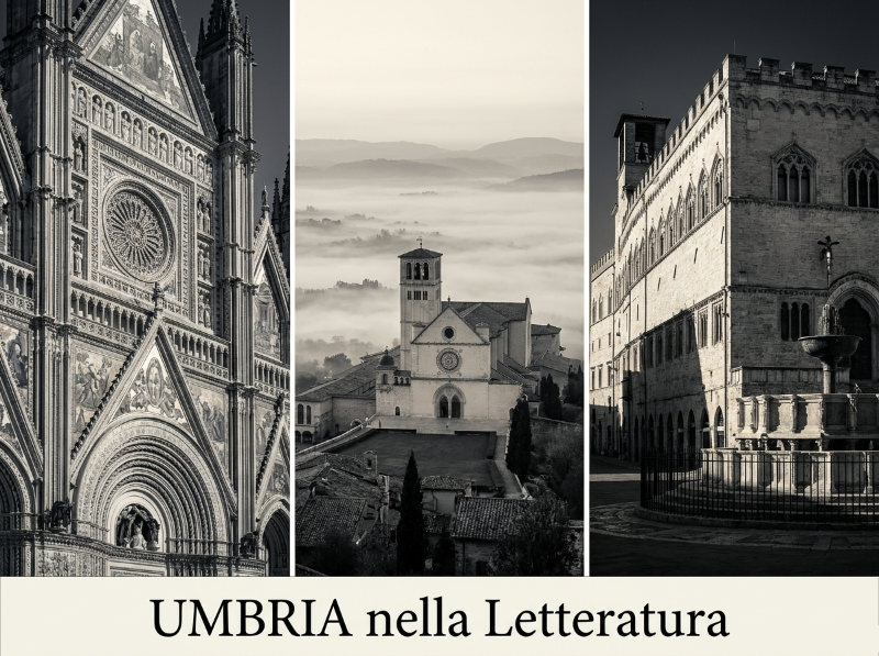 Banner con la scritta “Umbria nella letteratura”, con un paesaggio umbro, una basilica, un borgo e un ponte, libri antichi e un quaderno con penna